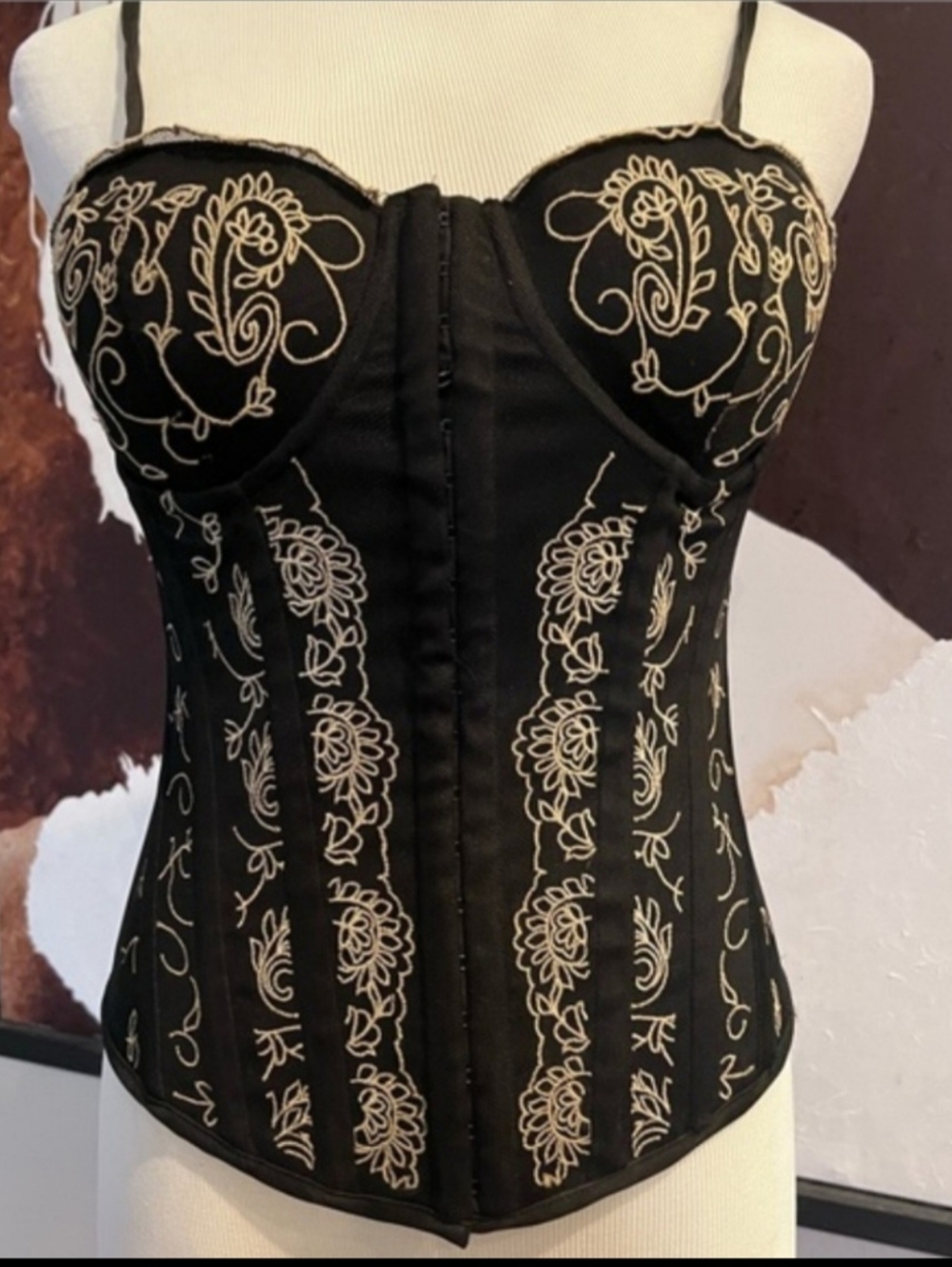 90s Vintage CR Premium Black & Cream Embroided Corset Gold Hardware Underlined